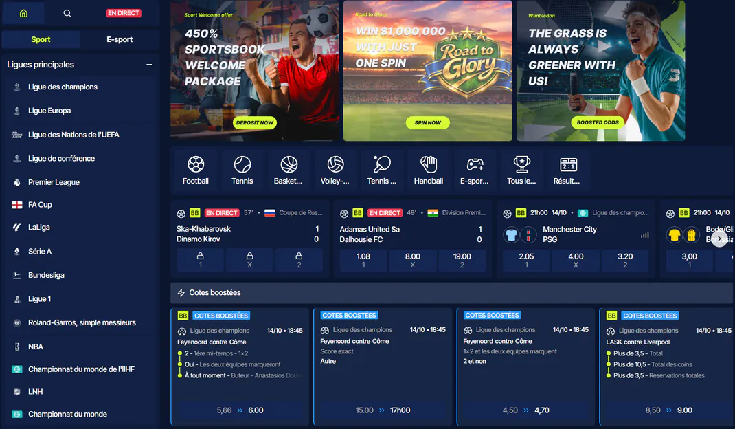 BetBeast Casino section de paris sportifs avec matchs en direct, cotes boostées, bonus de bienvenue de 450 % et compétitions de football, tennis et basketball